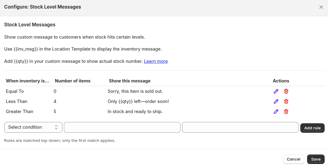 stock level messages